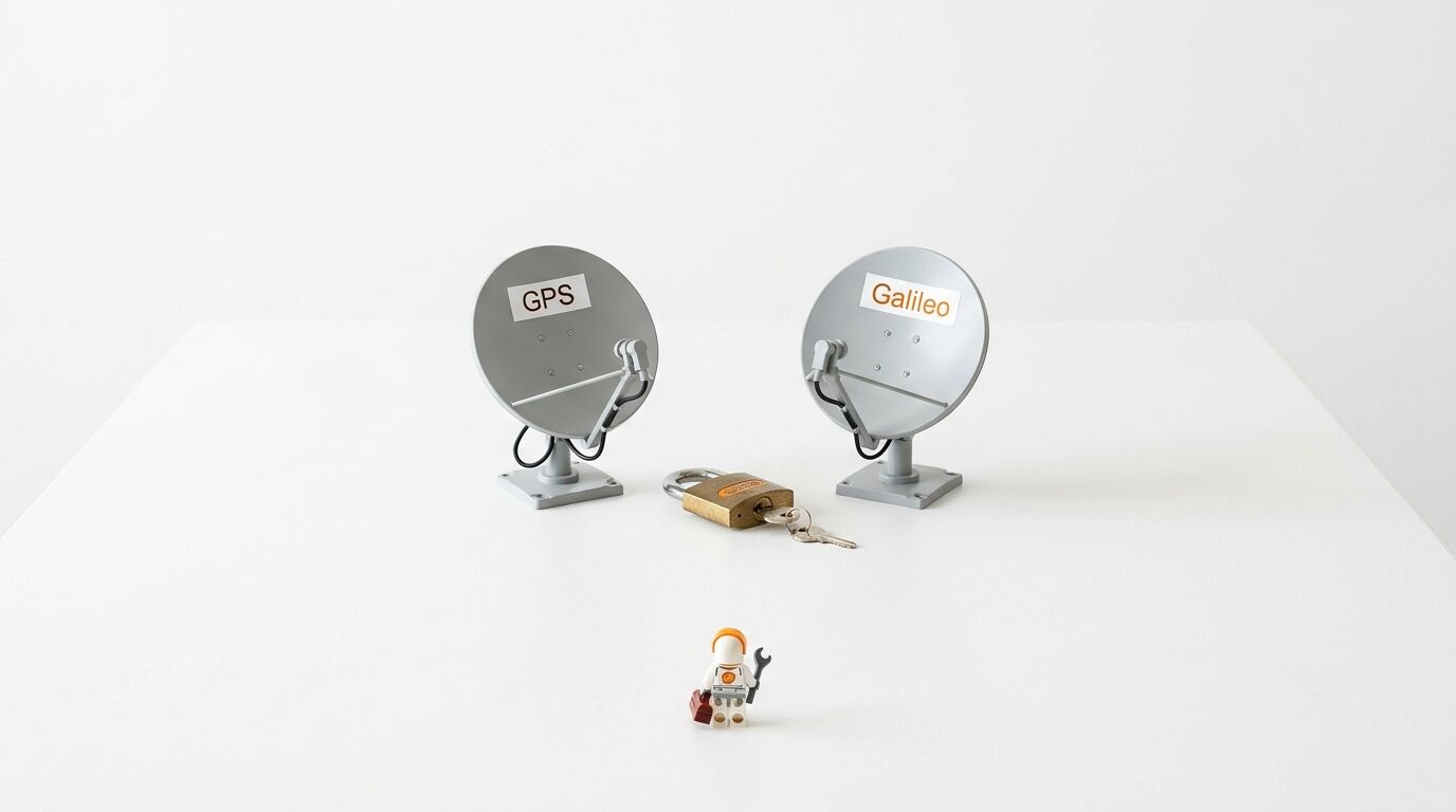 Zwei Satellitenschüsseln mit Aufschrift, ein Schloss und ein Lego-Astronaut auf weißem Grund