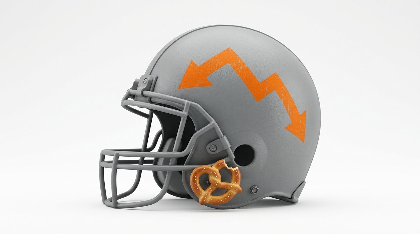 Grauer Footballhelm mit orangefarbener Zickzacklinie und angebissener Brezel davor, freigestellt
