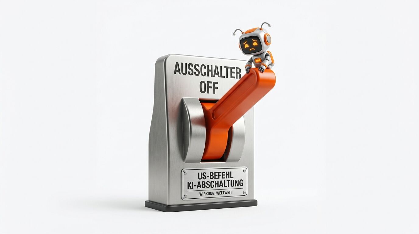 Trauriger kleiner Roboter auf orangefarbenem Hebelschalter zum globalen KI-Shutdown auf weißem Grund