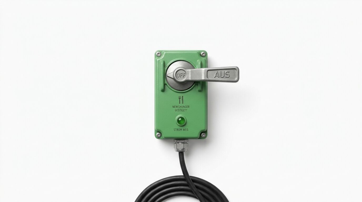 Ein grüner Industrieschalter auf weißem Grund mit Kabel, Beschriftung und Hebel in AUS-Position