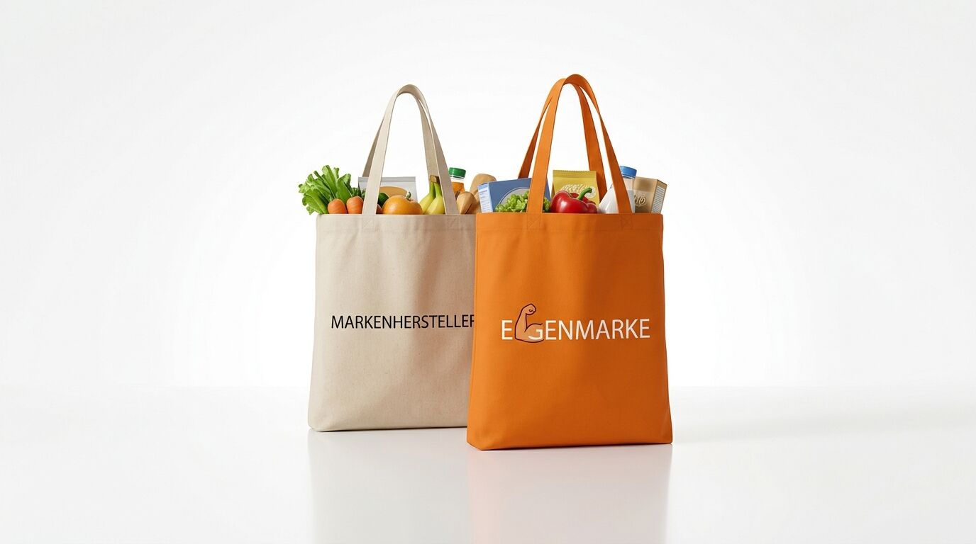 Zwei gefüllte Einkaufstaschen (beige/orange) mit Aufschrift „MARKENHERSTELLER“ und „EIGENMARKE“