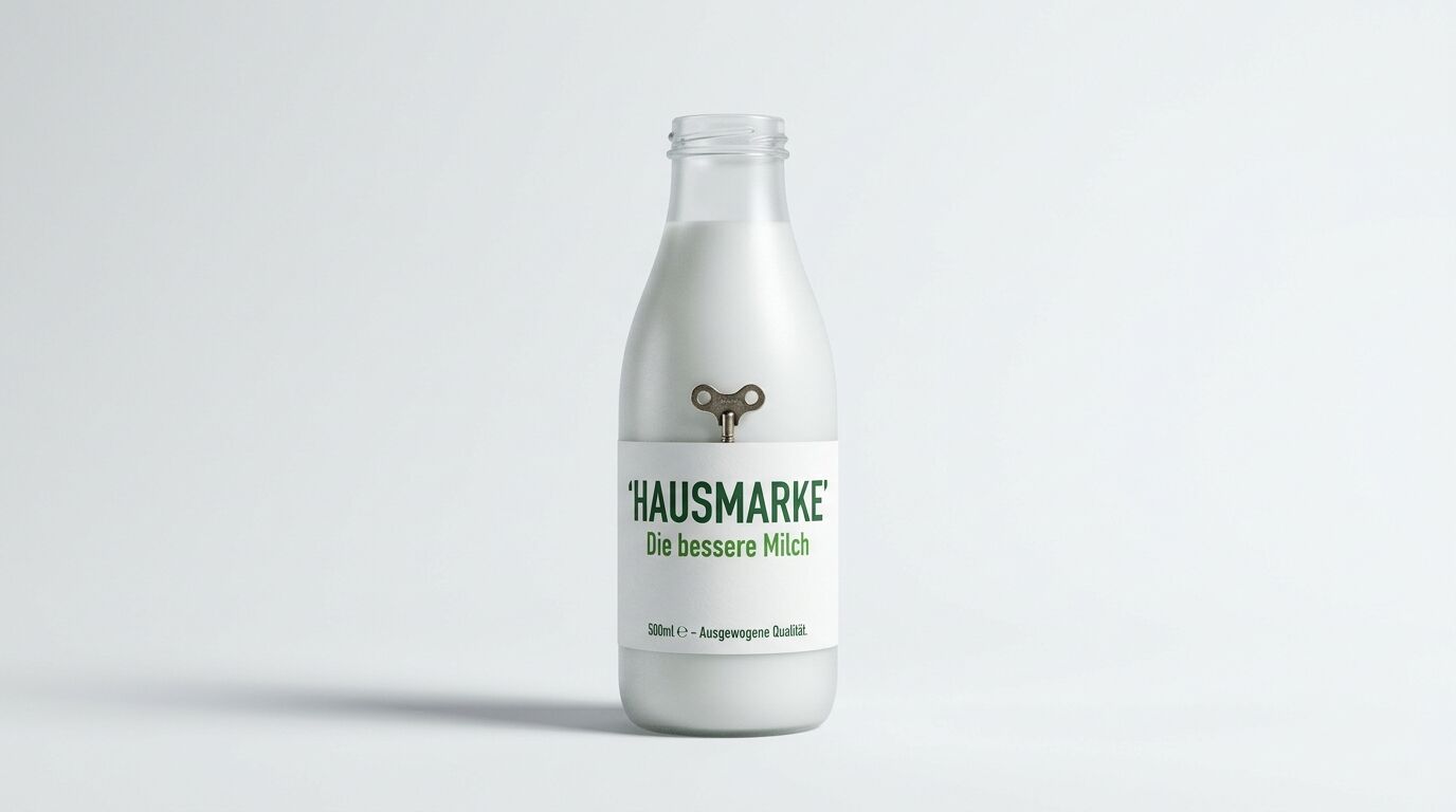 Milchflasche mit Aufziehschlüssel, Etikett: HAUSMARKE – Die bessere Milch