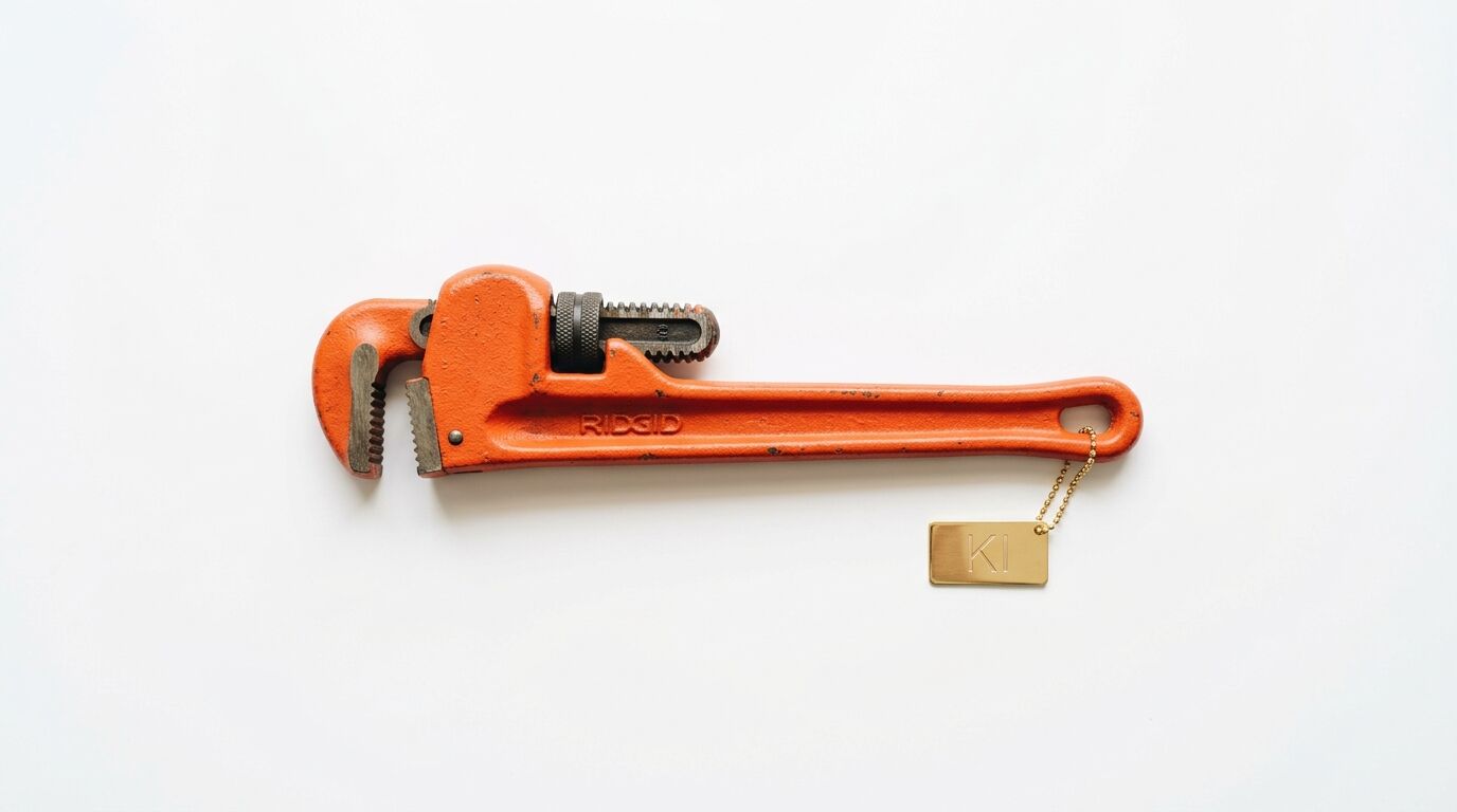 Orangefarbener Rohrschlüssel auf weißem Grund mit einem Metallanhänger