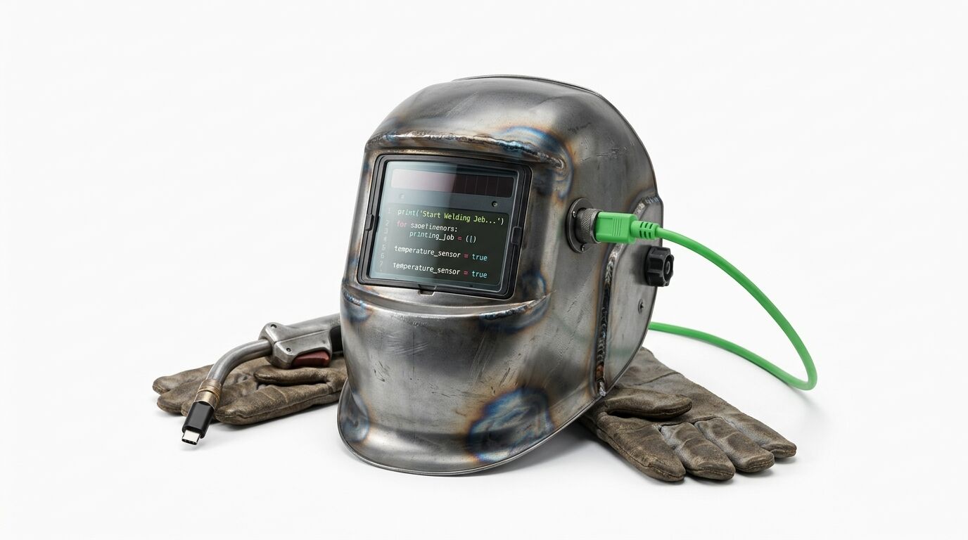 Schweißhelm mit Code auf Display, Handschuhen und Schweißbrenner vor weißem Hintergrund