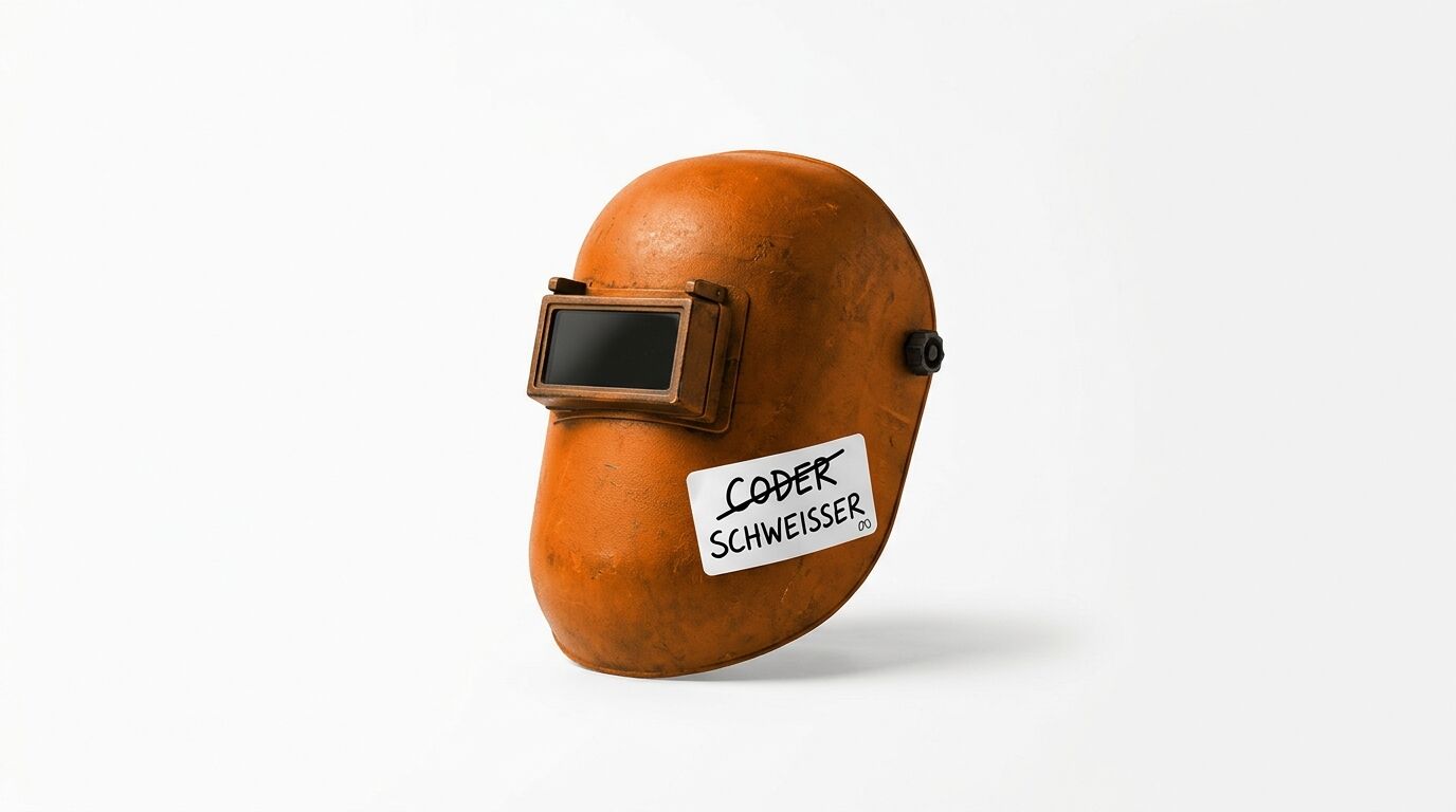 Schweißmaske mit einem handbeschrifteten Aufkleber mit dem Text