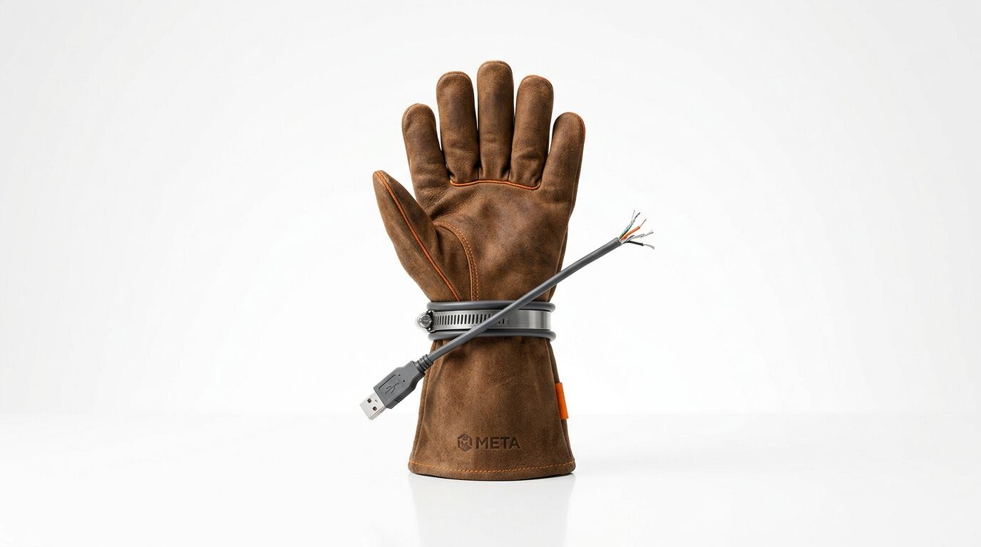 Brauner Lederhandschuh, Schlauchschelle, USB-Kabel mit offenem Ende auf weiß