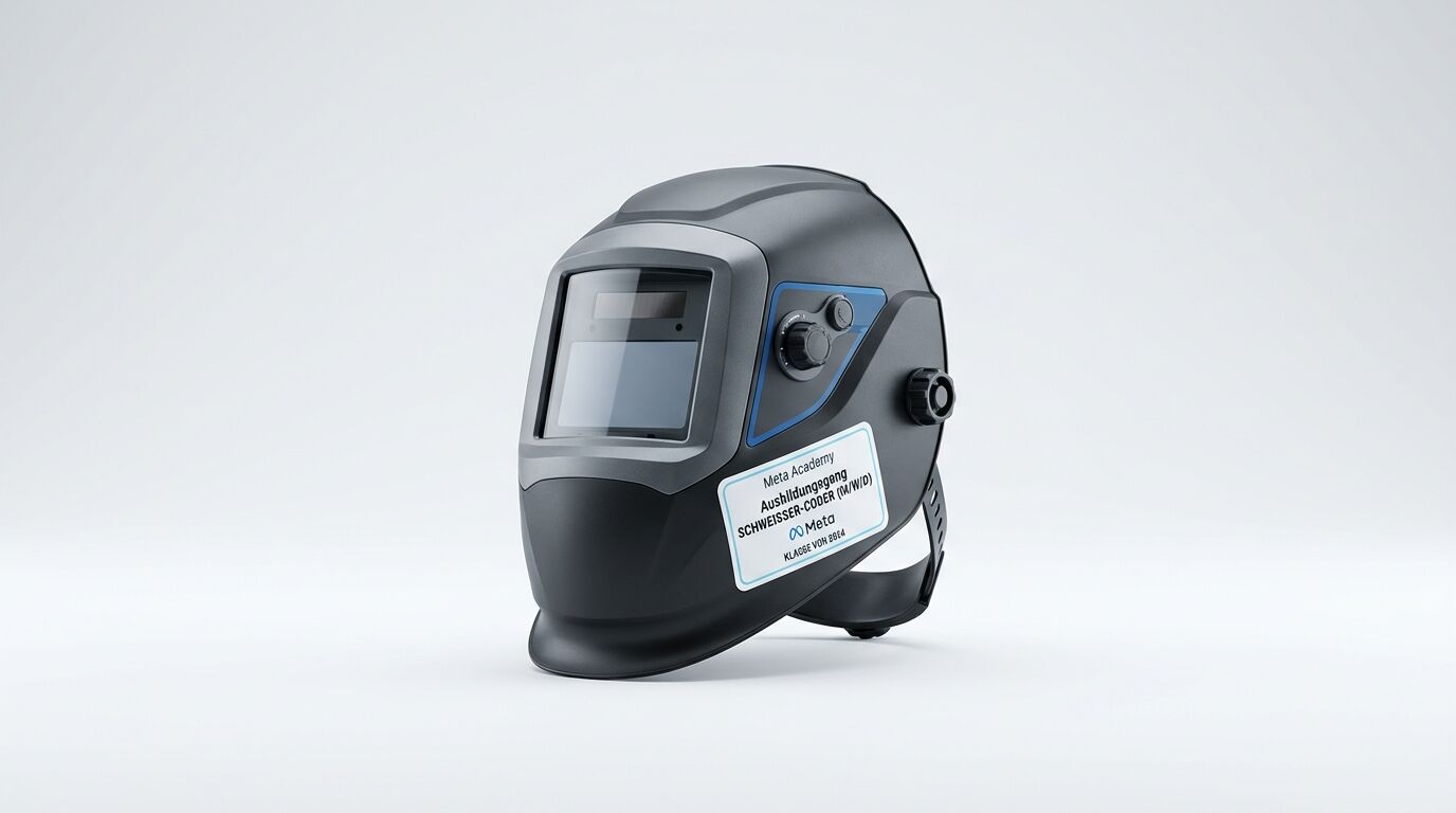 Ein schwarzer Schweißhelm mit einem Aufkleber der „Meta Academy“ und „SCHWEISSER-CODER“