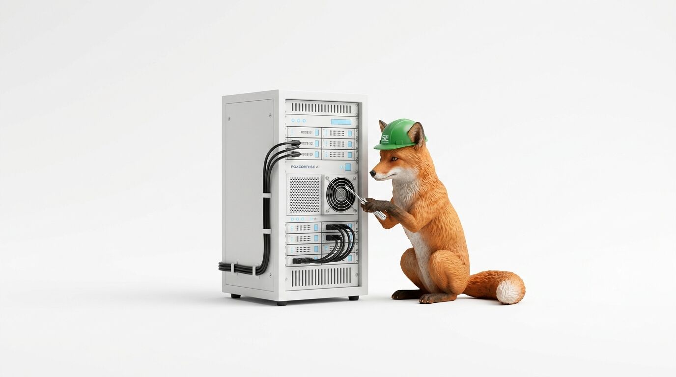 Ein Fuchs mit Schutzhelm repariert einen Server mit einem Schraubenzieher vor weißem Hintergrund