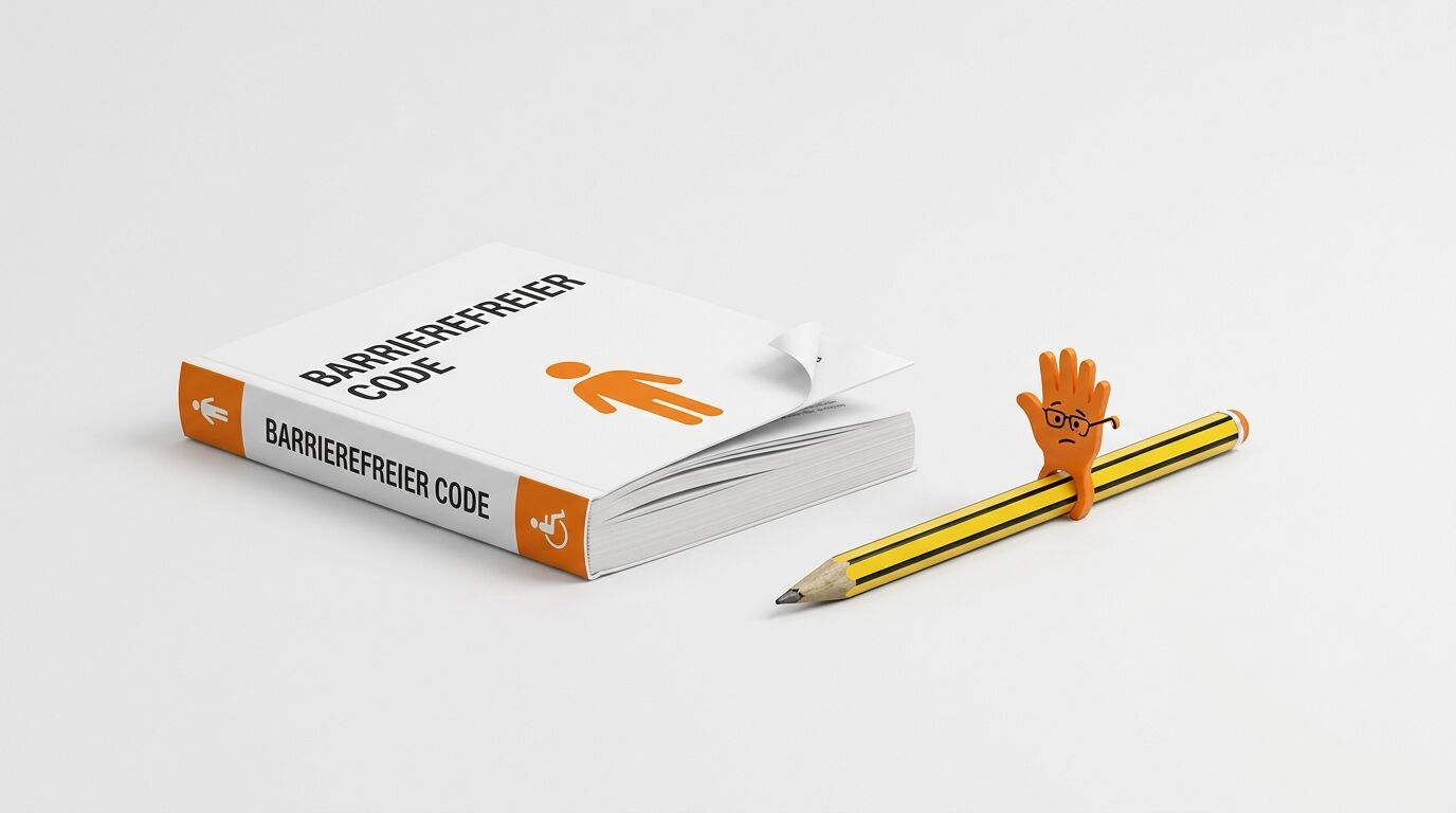 Buch „BARRIEREFREIER CODE“ mit orangefarbener Menschenfigur, daneben ein gestreifter Bleistift
