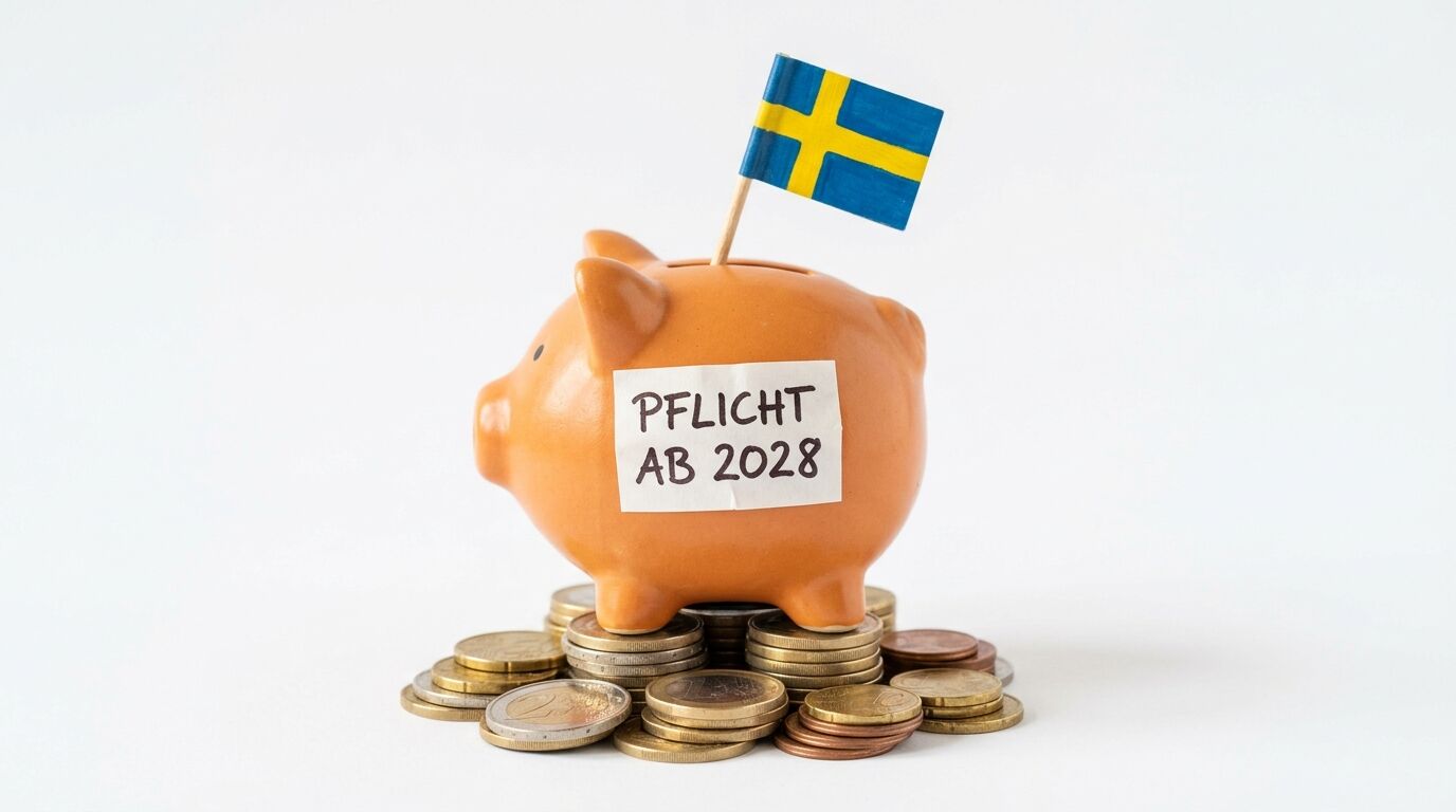 Sparschwein auf Münzstapel mit Schweden-Flagge und Aufschrift „PFLICHT AB 2028“ auf weißem Grund