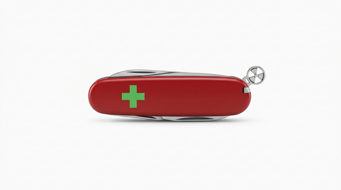 Rotes Taschenmesser mit grünem Plus-Symbol und radioaktivem Schlüsselring auf weißem Grund