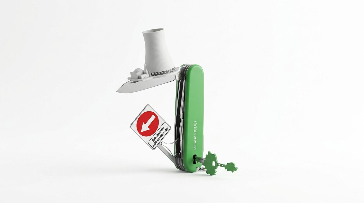 Schweizer Taschenmesser mit Atomkraftwerk, Stoppschild und „SCHWEIZ: NEUBAU?“-Schriftzug