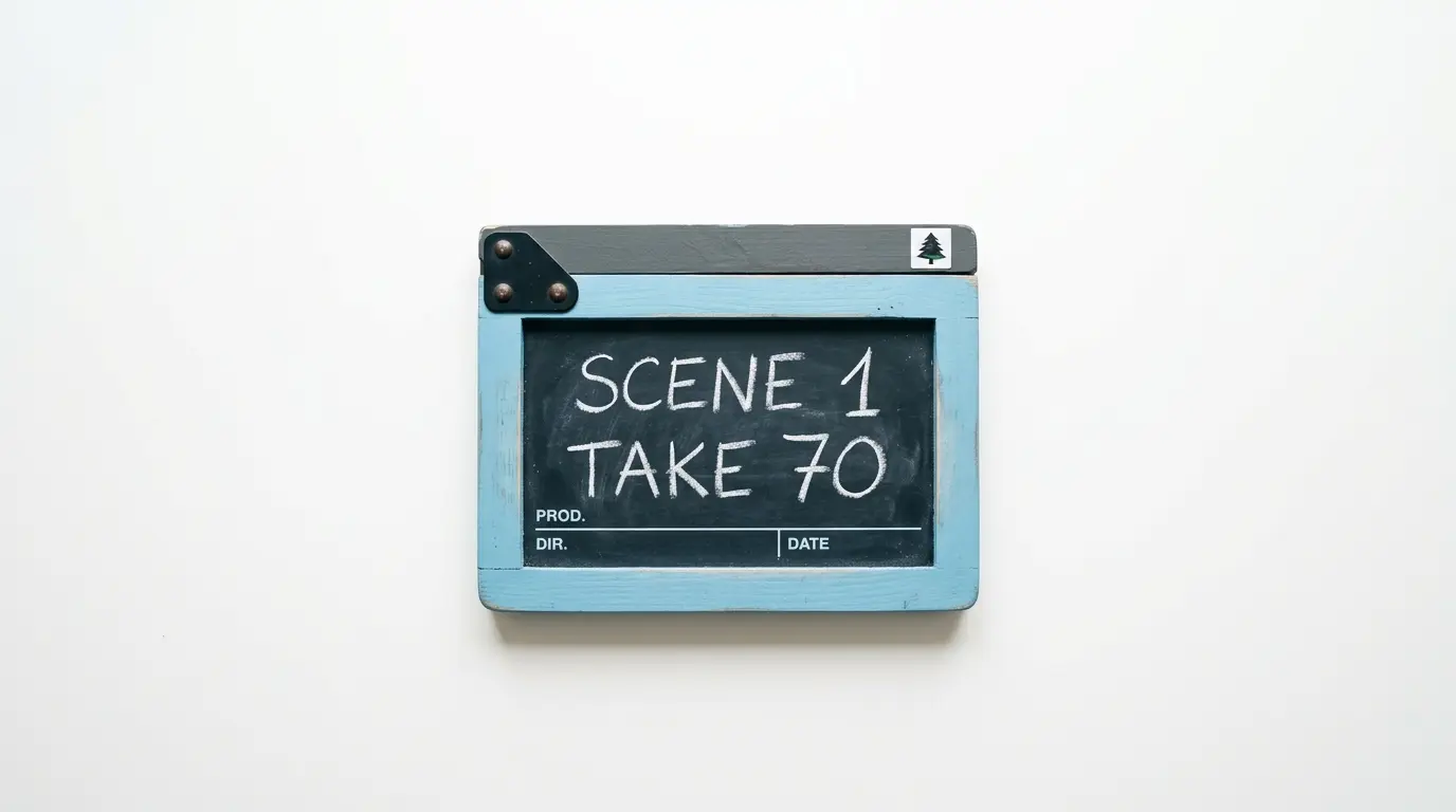 Filmklappe aus Holz mit hellblauem Rahmen, beschriftet mit „SCENE 1 TAKE 70“ auf weißem Grund