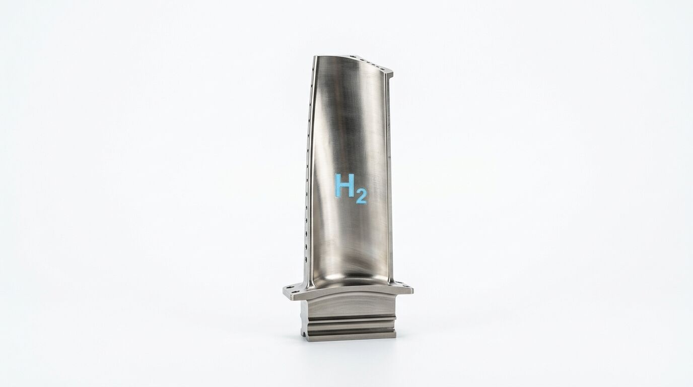 Metallische Turbinenschaufel mit hellblauem „H2“-Schriftzug vor weißem Hintergrund