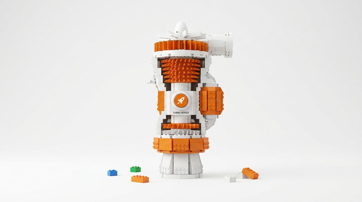 Schnittmodell einer Lego-Turbine mit dem Text TURBO BOOST und losen Klemmbausteinen
