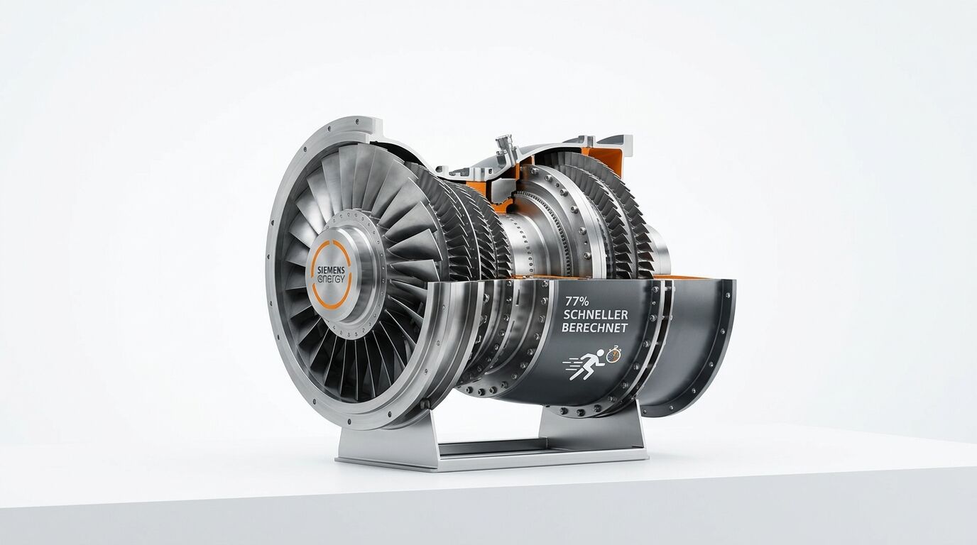 Siemens Energy Gasturbine, 77 % schneller berechnet, Stator und Rotor im Schnitt sichtbar