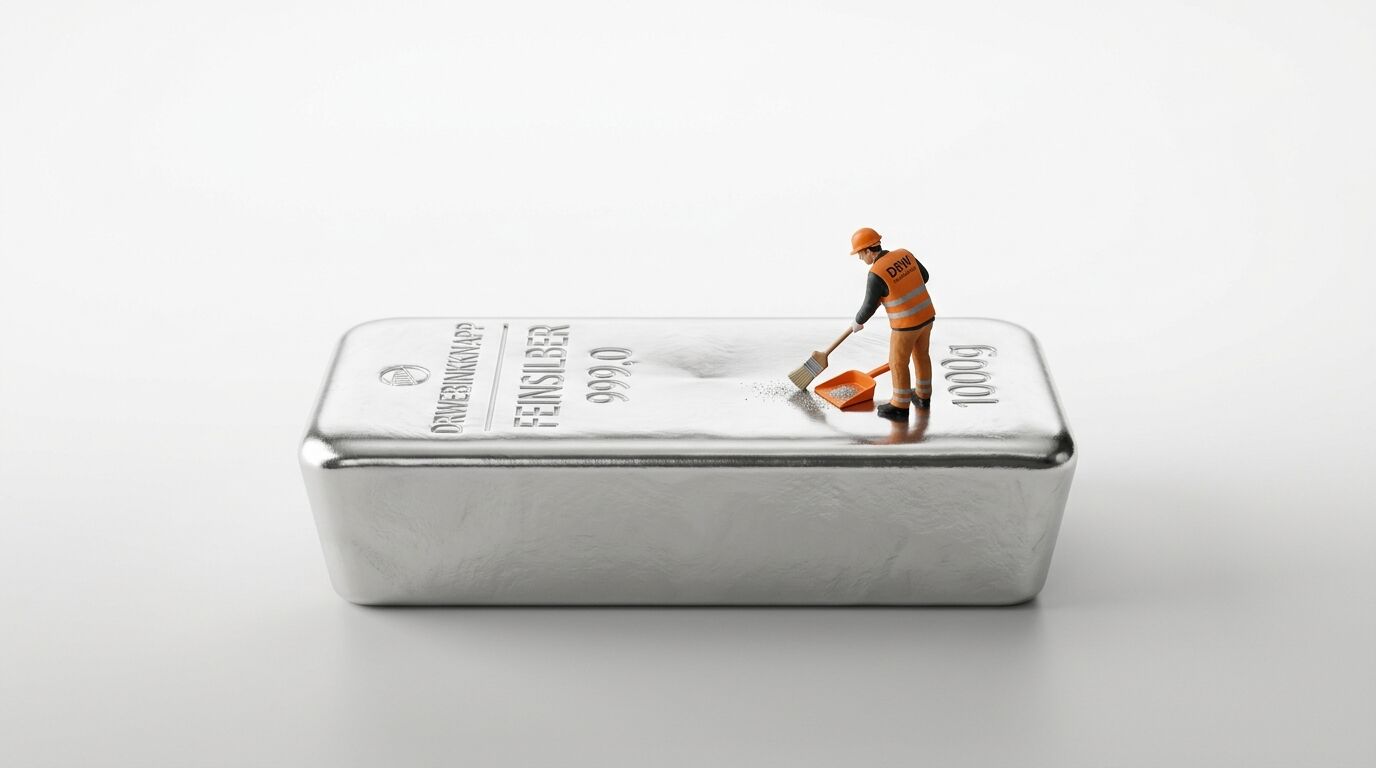 Miniaturfigur fegt Silberstaub auf geprägtem 1000g Feinsilberbarren