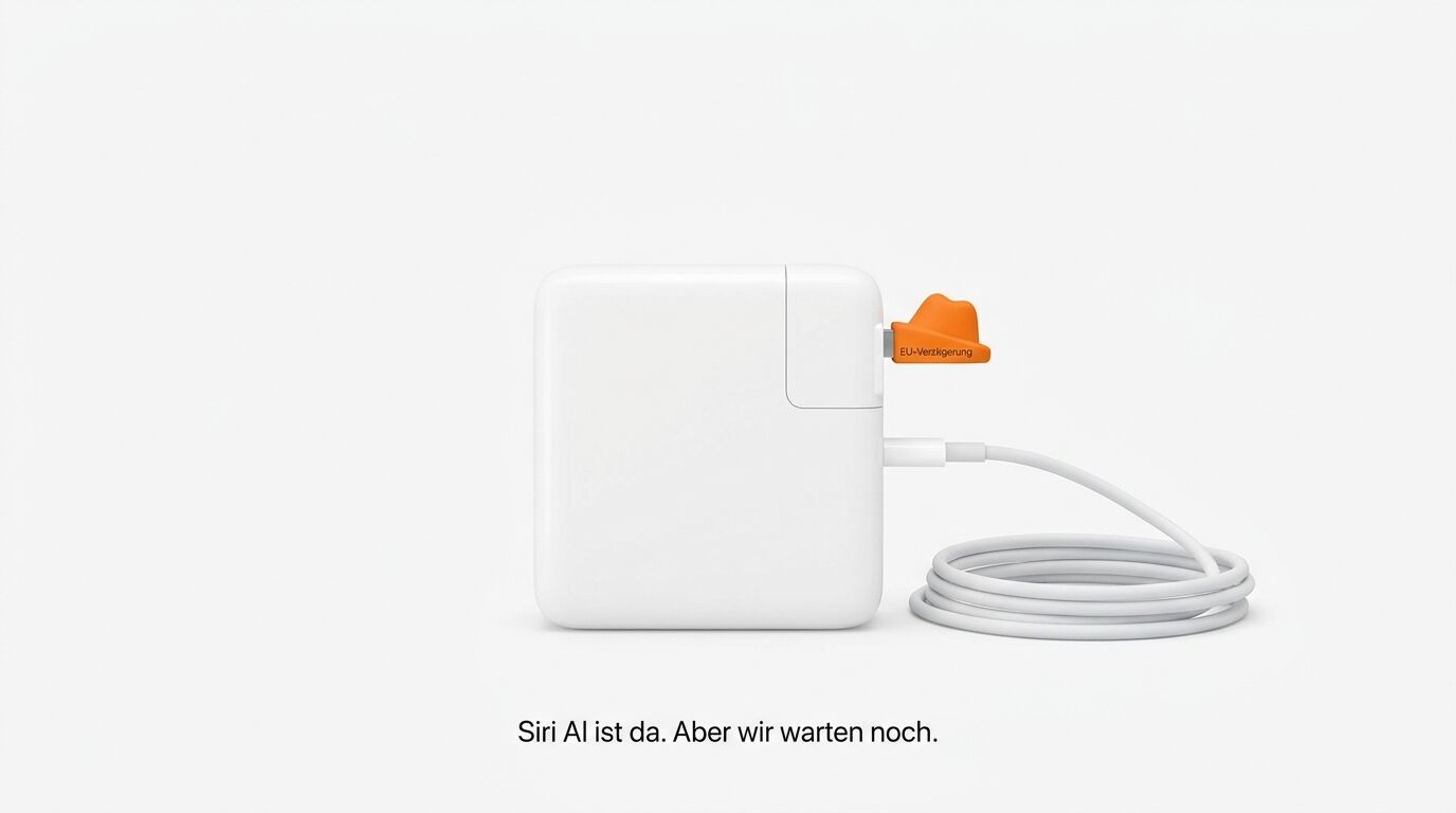 Ein weißes Netzteil mit Ladekabel und einem orangefarbenen Hütchen mit der Aufschrift „EU-Verzögerung“