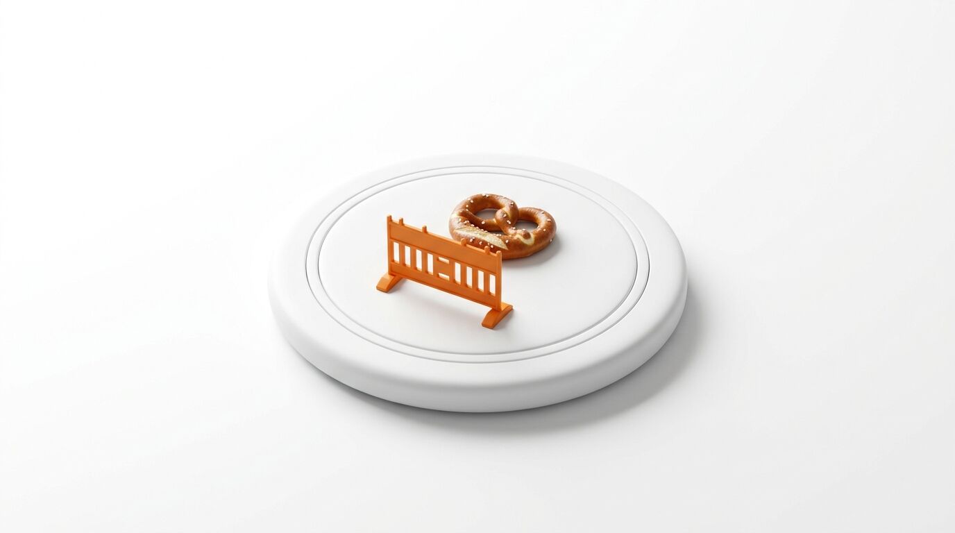 Weiße Platte mit Brezel und orangefarbenem Spielzeugabsperrgitter auf weißem Hintergrund