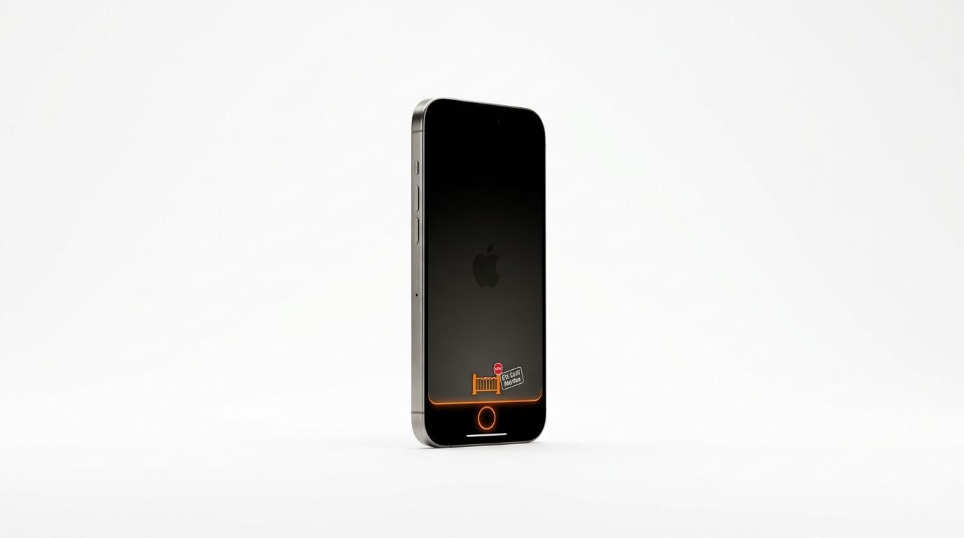Smartphone-Seitenansicht, Bildschirm zeigt orange leuchtende Konturen und zwei App-Symbole