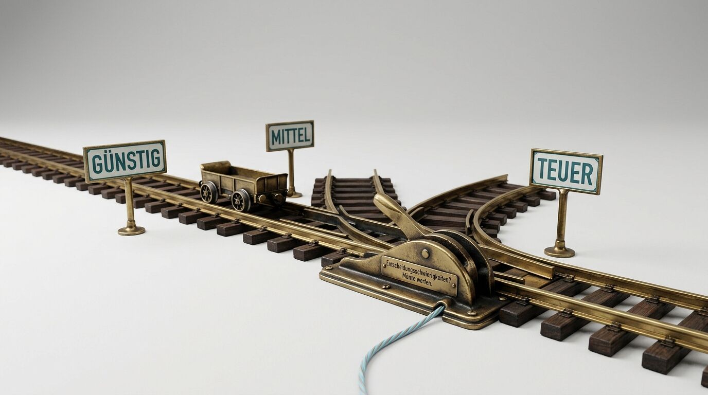 Modellbahnschienen mit Lore, Weiche, Kabel und Schildern „GÜNSTIG“, „MITTEL“, „TEUER“
