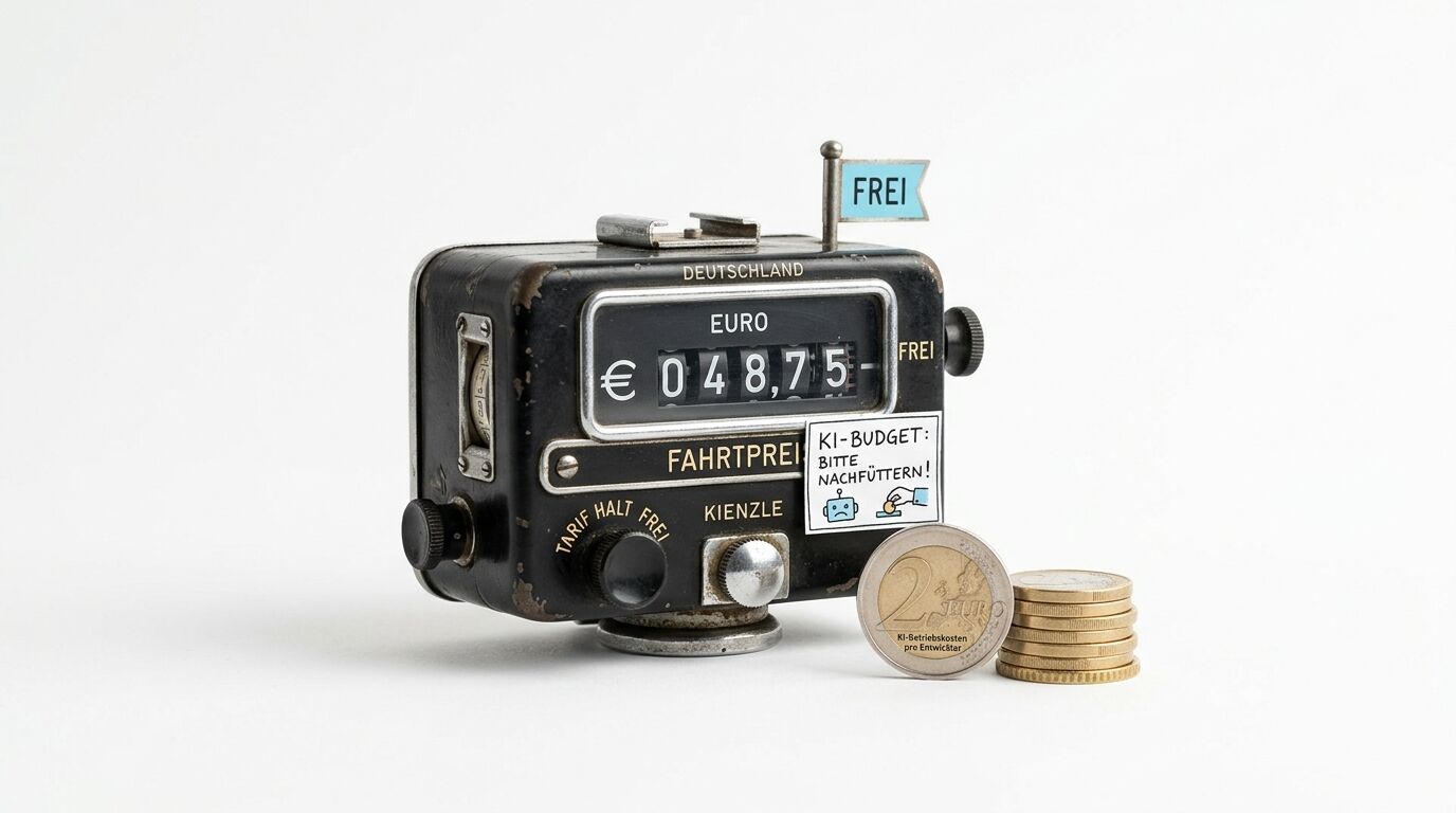 Alter Taxameter mit 48,75 Euro Fahrpreis, Notiz „KI-BUDGET BITTE NACHFÜTTERN!“ und Euro-Münzen