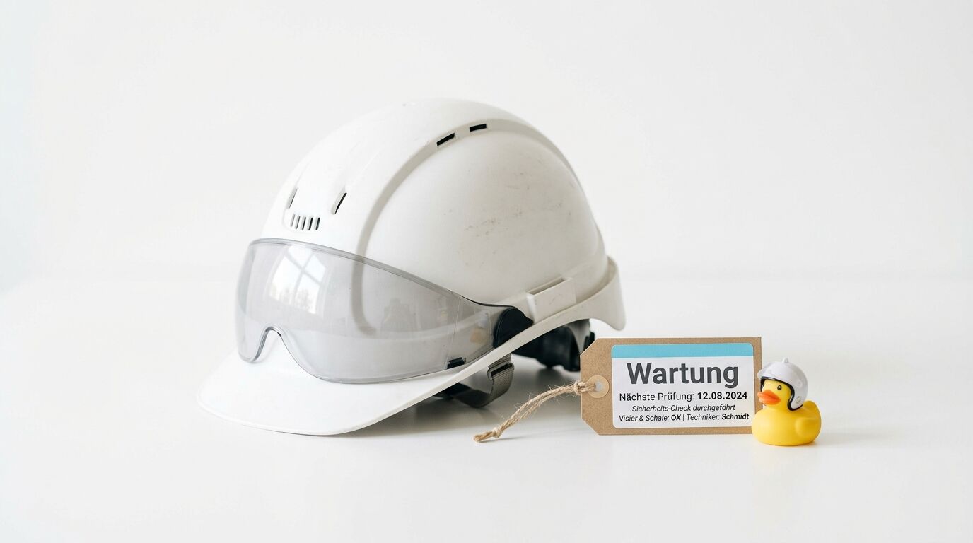 Ein weißer Schutzhelm mit Visier, ein Wartungs-Anhänger und eine Badeente mit Helm auf Weiß