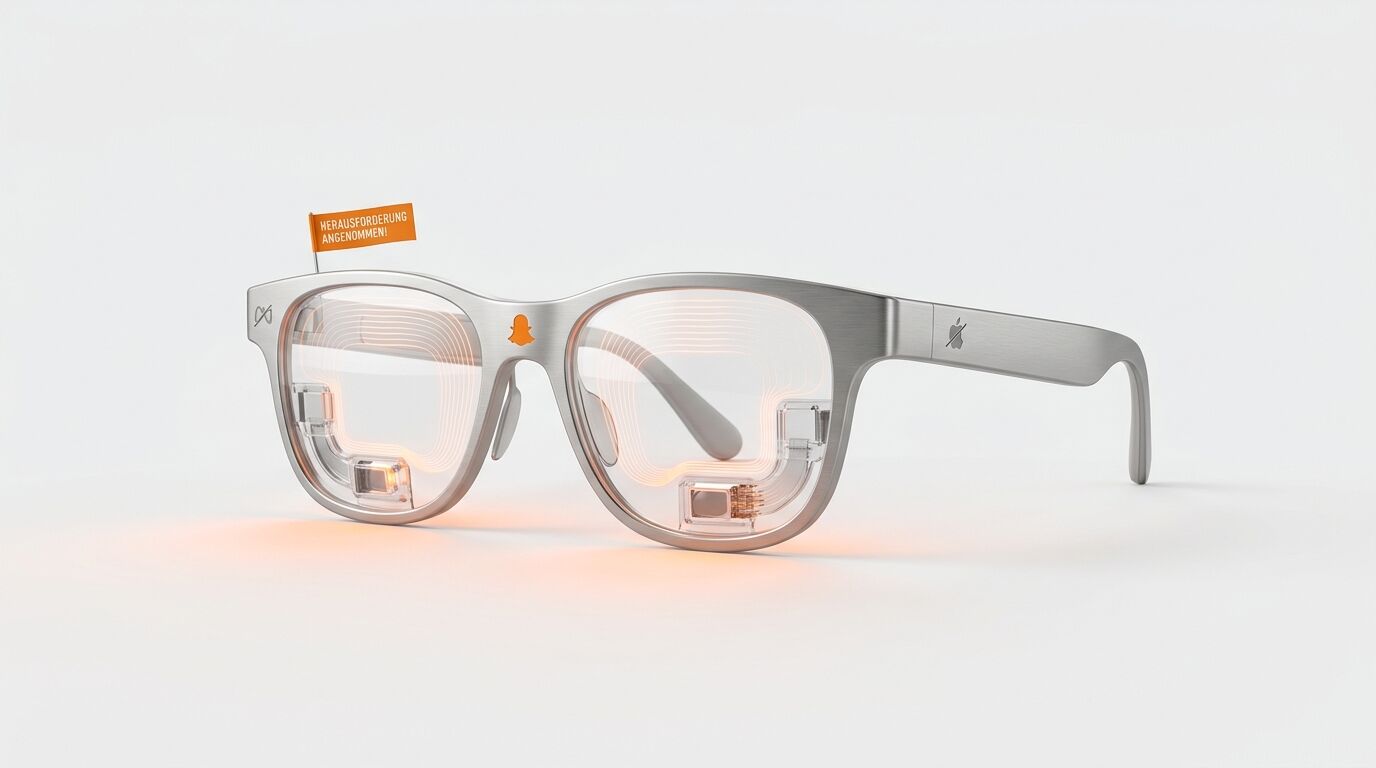 Konzept einer AR-Brille mit leuchtenden Spulen, Logos von Meta und Snapchat sowie Flagge