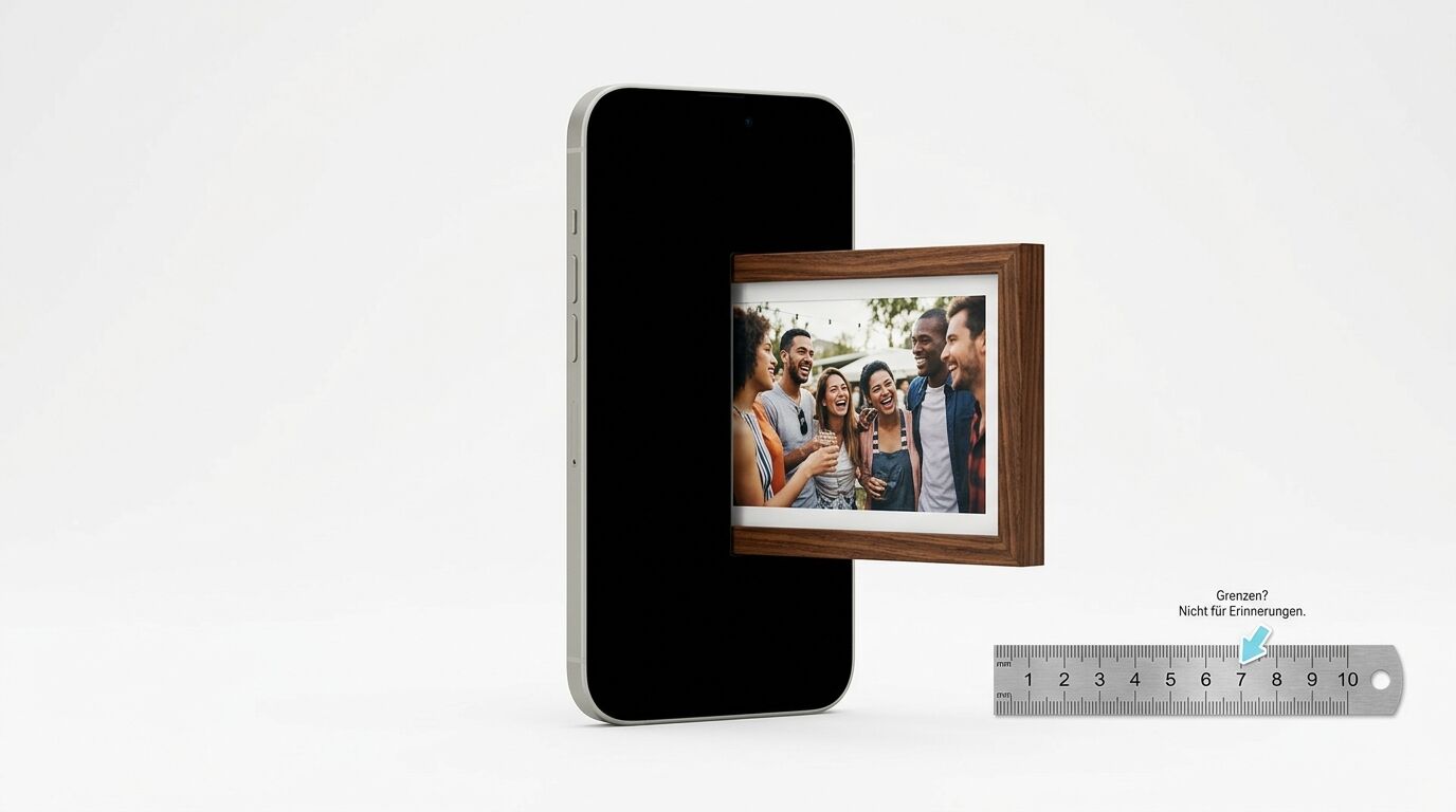 Smartphone, ausfahrbarer Holzrahmen mit Gruppenfoto, Maßstab und Werbetext