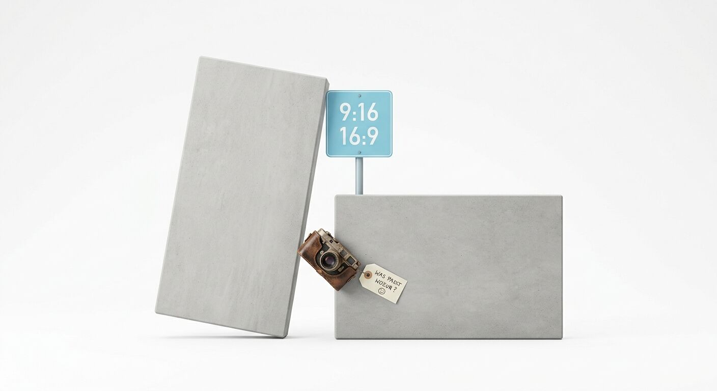 Betonblöcke, Kamera, Schild „9:16 16:9“ und Tag auf Weiß