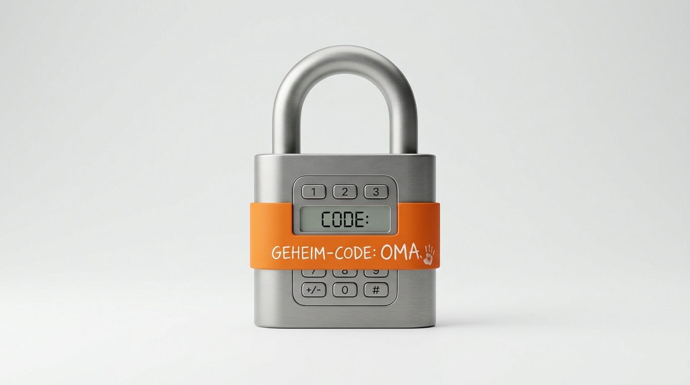 Ein Vorhängeschloss mit einem Code-Tastenfeld und einem orangefarbenen Band