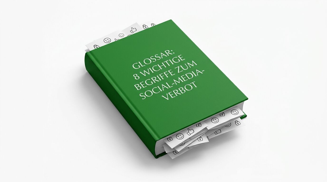 Grünes Buch mit Text „Glossar Social-Media-Verbot“, vielen Smileys und Schlosssymbolen