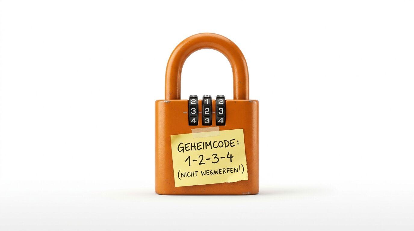 Oranges Zahlenschloss mit Notiz, darauf der Code 1-2-3-4 und der Hinweis 