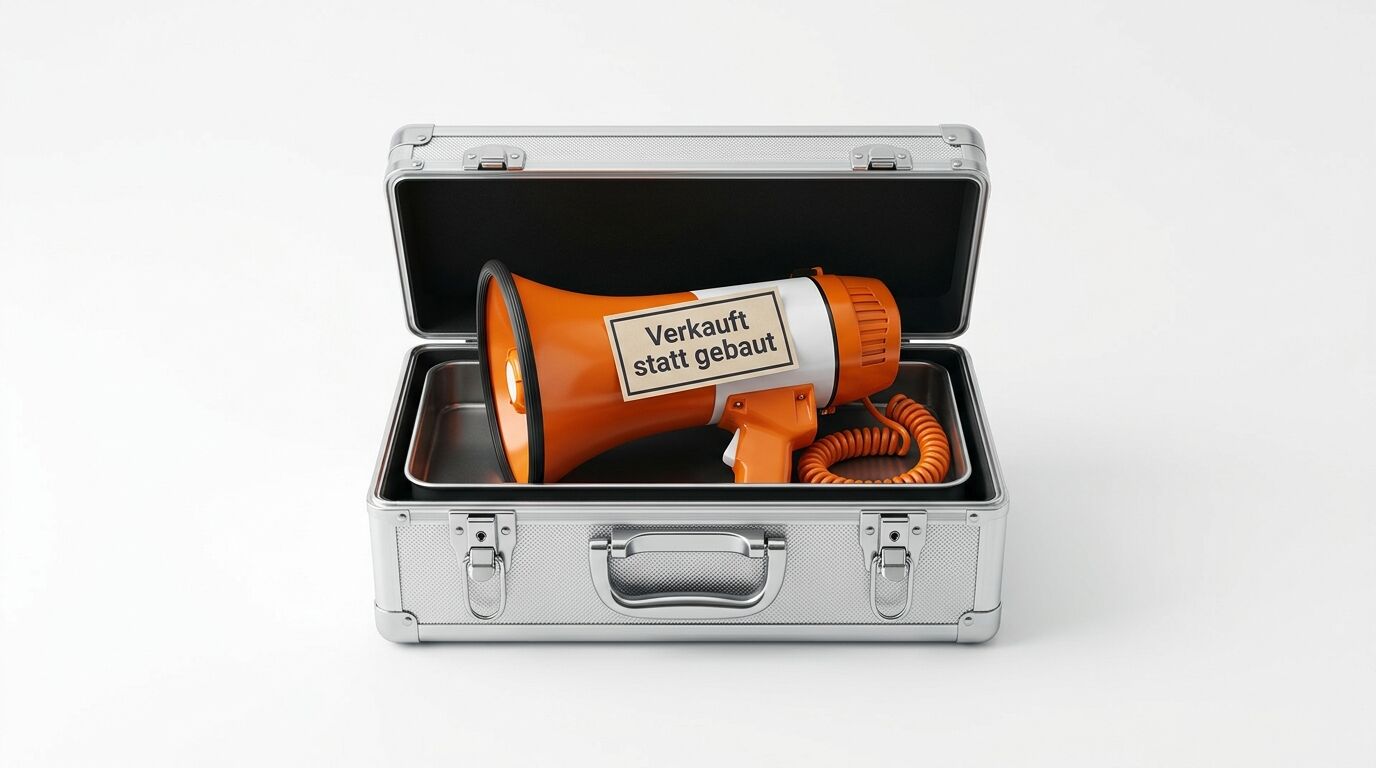 Geöffneter Alukoffer mit orangefarbenem Megafon und Textschild „Verkauft statt gebaut“
