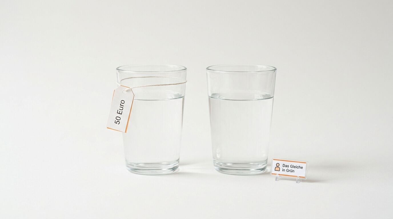 Zwei Gläser Wasser; links Preisschild „50 Euro“, rechts Schild „Das Gleiche in Grün“