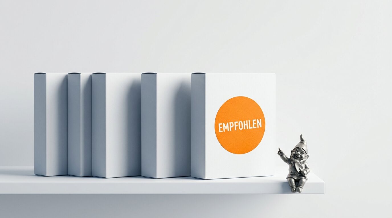 Weiße Schachteln, eine mit orangefarbenem „EMPFOHLEN“-Aufkleber, und ein sitzender Zwerg daneben