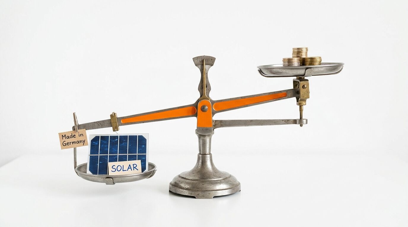 Eine Balkenwaage hält links ein Solarpanel mit Schildern und rechts Münzen auf weißem Grund
