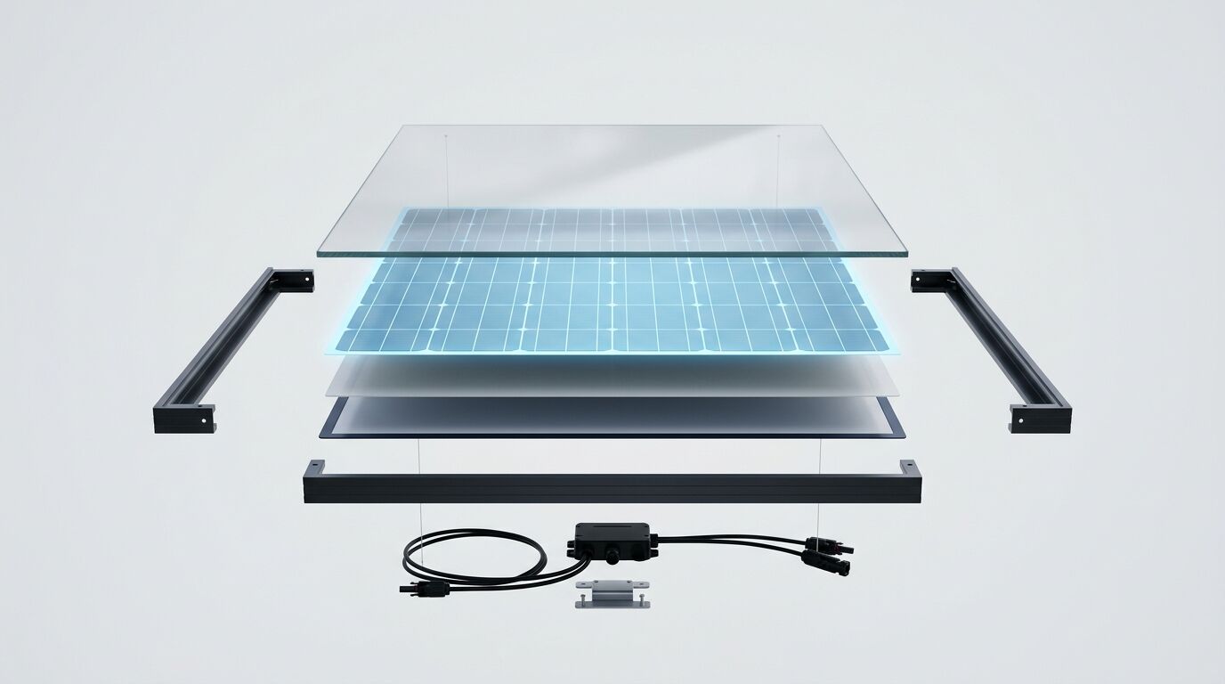 Explosionsdarstellung eines Solarpanels mit Schichten, Rahmen, Anschlussdose und Kabeln