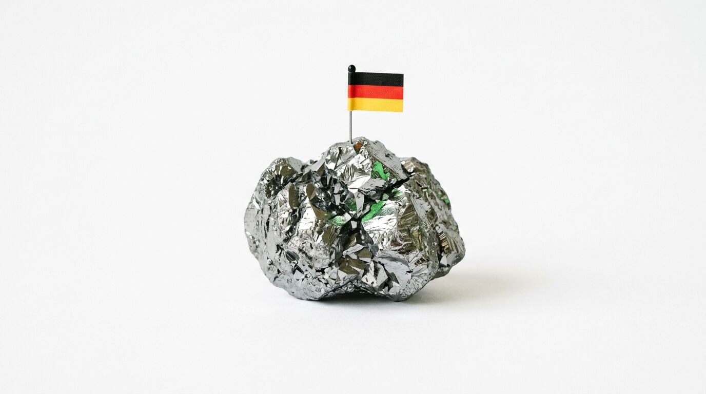 Ein metallisch glänzendes Mineral mit einer eingesteckten Deutschlandflagge auf weißem Grund