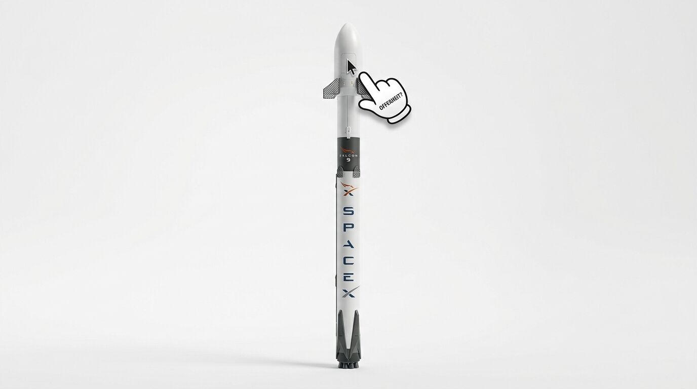 Modell einer SpaceX Falcon 9 Rakete mit Handcursor auf hellem Grund