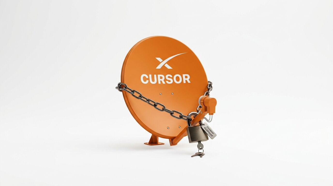 Orangefarbene Satellitenschüssel mit „Cursor“-Schriftzug, umwickelt mit Kette und Vorhängeschloss
