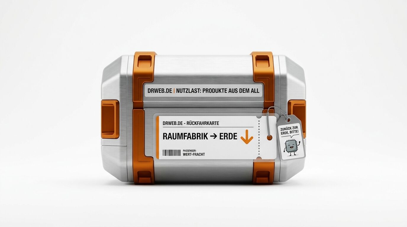 Futuristischer Metallkoffer mit der Aufschrift „Raumfabrik -> Erde“ und einem Chip-Anhänger