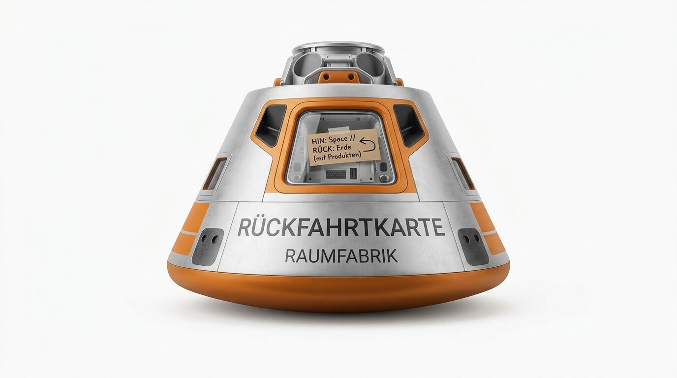 Raumkapsel mit Aufschrift „RÜCKFAHRTKARTE RAUMFABRIK“ und Notizzettel am Fenster