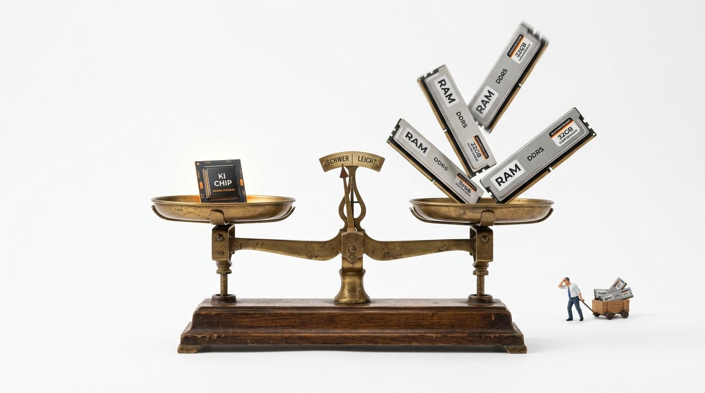 Waage mit KI-Chip links und RAM-Modulen rechts, kleine Figur mit Wagen daneben