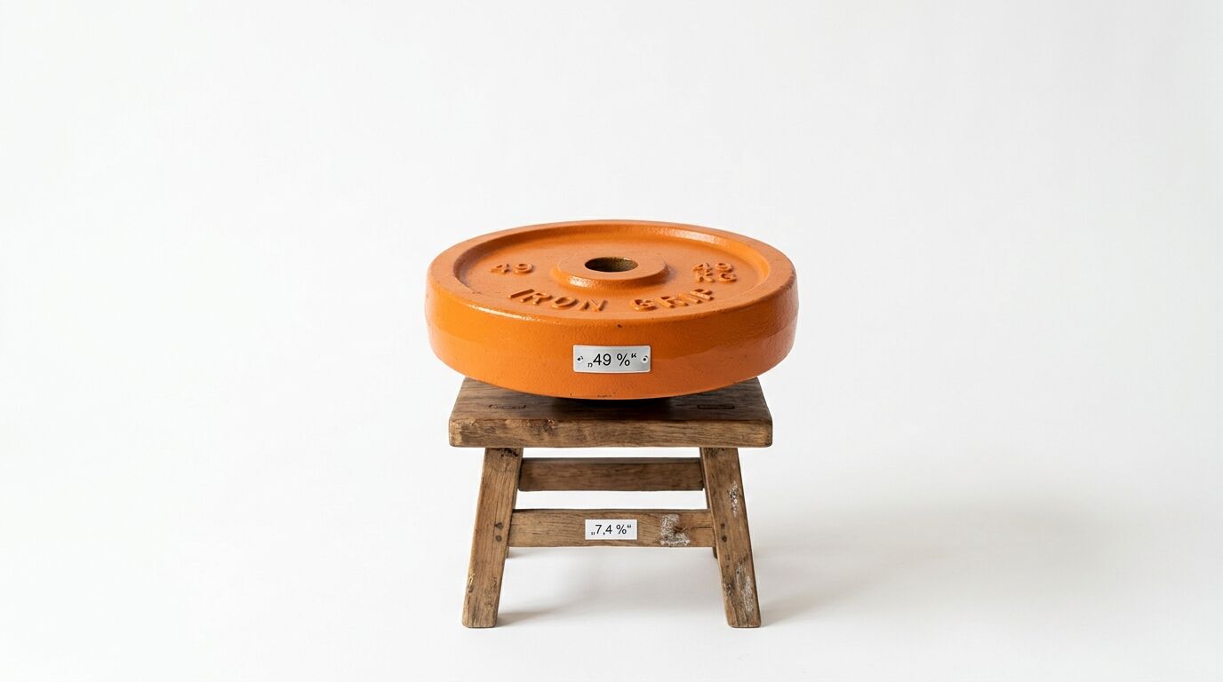 Orangefarbene Hantelscheibe (mit „49%“-Schild) liegt auf kleinem Holzhocker (mit „7,4%“-Schild)