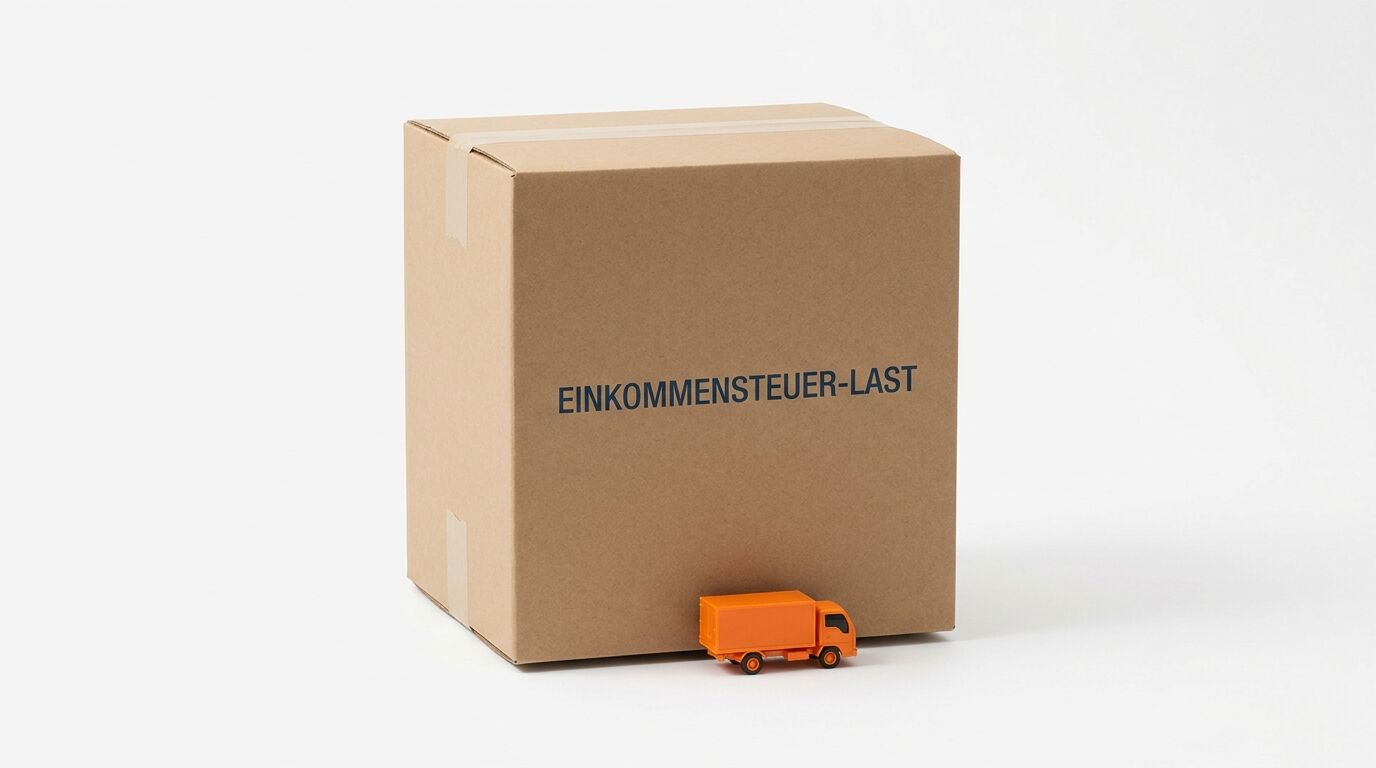 Ein großer Karton mit dem Text „EINKOMMENSTEUER-LAST“ und ein kleiner Lkw davor