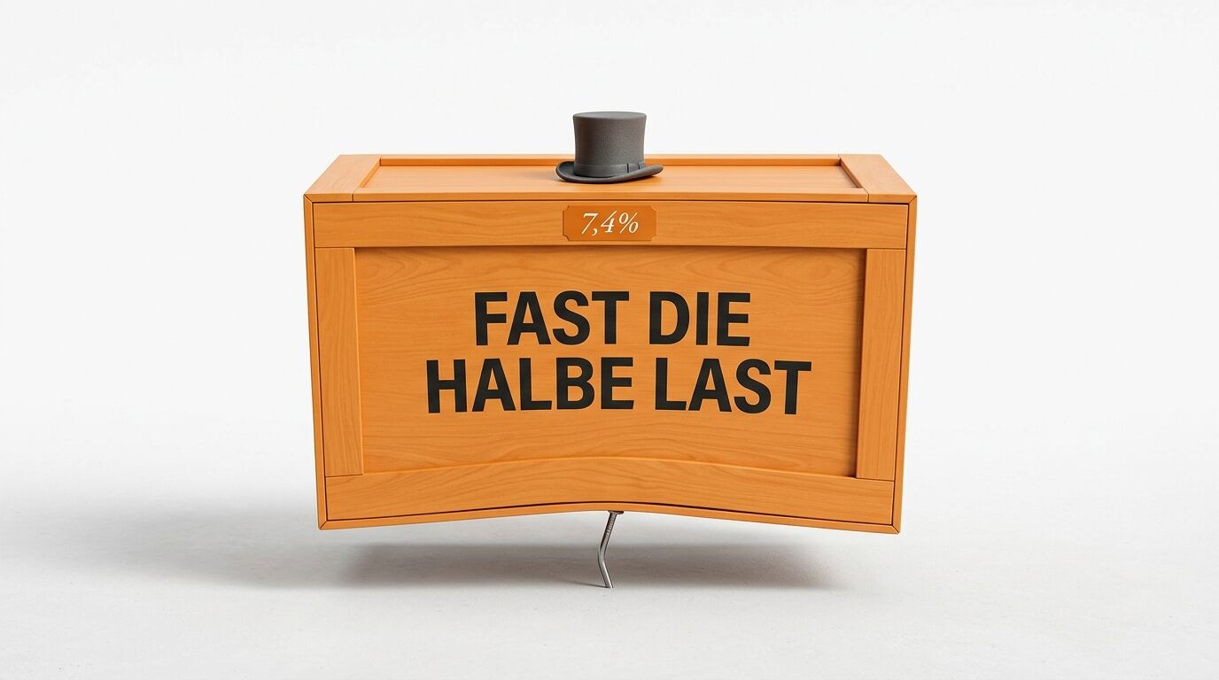 Holzkiste mit Zylinder, Text „FAST DIE HALBE LAST“ und 7,4 %, die auf verbogenem Metallstab balanciert