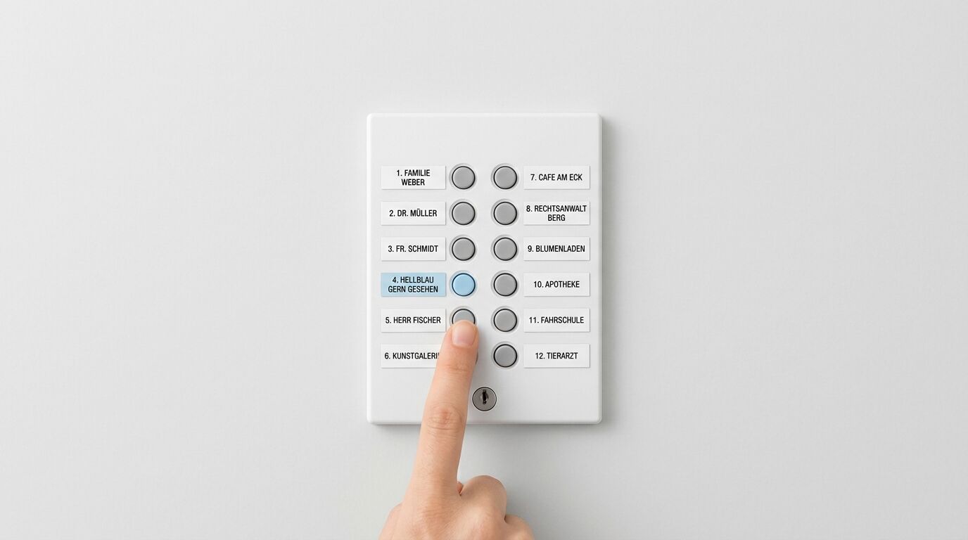 Finger drückt grauen Knopf auf Gegensprechanlage mit deutschen Namen auf weißer Wand
