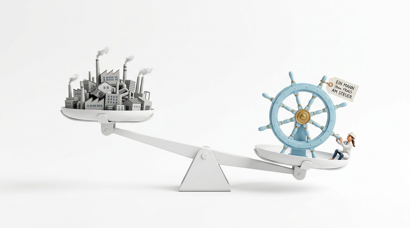 Waage mit Industriekreisel links und Steuerrad mit Person rechts