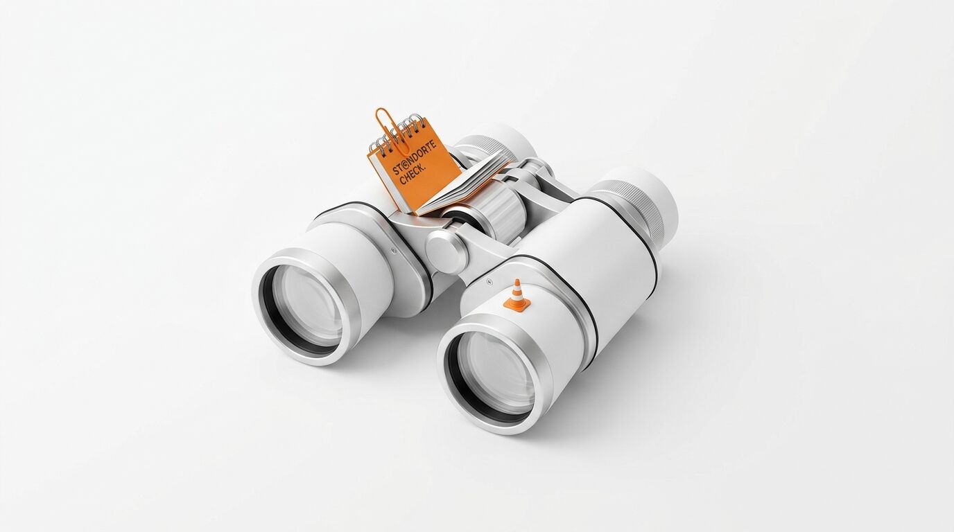 Weißes Fernglas mit orangefarbenem Notizblock (Standorte-Check) und Leitkegel
